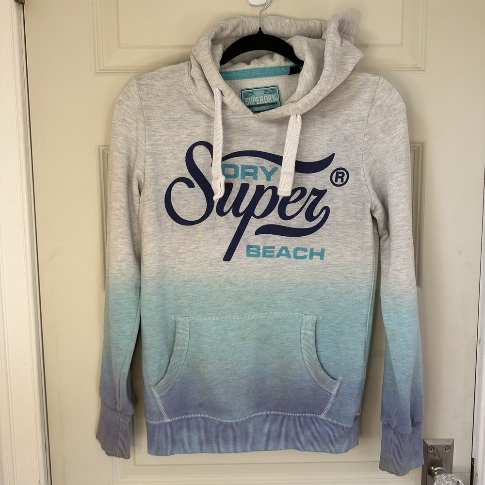SUPERDRY Beach Hoodie Sweatshirt Blue Ombré Stripe Spell out Unisex XS